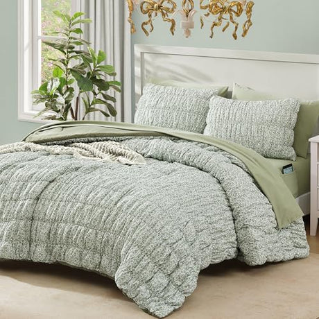 BLOOMHAVEN Full Size Comforter Sets-7 Pieces Puff Sage Green Floral Bedding Set for All Seasons, Shabby Chic Farmhouse Bed in a Bag Full with Floral Comforter, Sheets, Pillowcases & Shams BLOOMHAVEN