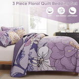 DJY Floral Quilt Set King Size Purple Boho Bedspread Coverlet Set, 3 Piece Microfiber Bohemian Botanical Farmhouse Floral Quilt Bedding Set with 2 Pillowcases for All Season (110''x90'') DJY