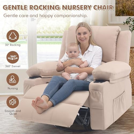 Comermax Faux Leather Swivel Rocker Recliner with Heat and Massage Cup Holders, Overstuffed Rocking Glider Chair Heated Massaging Reclining Chair,Beige Comermax