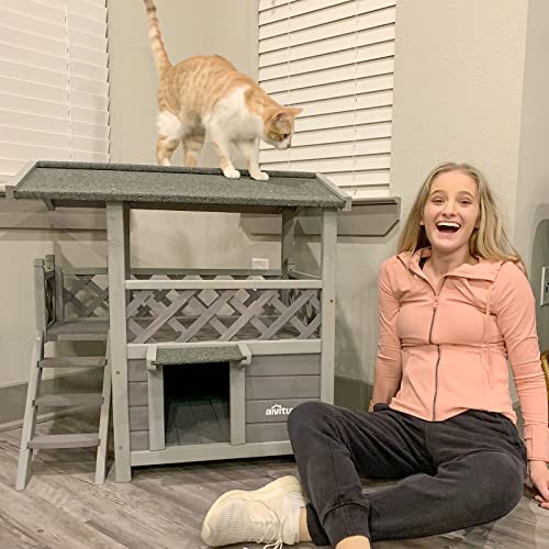 Feral Cat House Outdoor and Indoor Kitty Shelter with Stairs for Cats Insulated, Weatherproof Roof for Winter