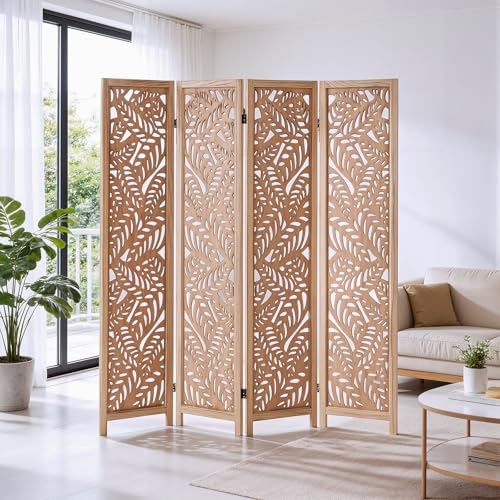 Leaf-Carved Room Divider Folding Privacy Screen, 67 Inch Tall Wooden Carved Room Divider, Portable Divider for Room Separation, Boho Room Partitions for Home Office (Natural) ZFFURN