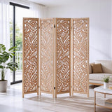 Leaf-Carved Room Divider Folding Privacy Screen, 67 Inch Tall Wooden Carved Room Divider, Portable Divider for Room Separation, Boho Room Partitions for Home Office (Natural) ZFFURN