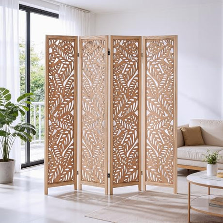 Leaf-Carved Room Divider Folding Privacy Screen, 67 Inch Tall Wooden Carved Room Divider, Portable Divider for Room Separation, Boho Room Partitions for Home Office (Natural) ZFFURN