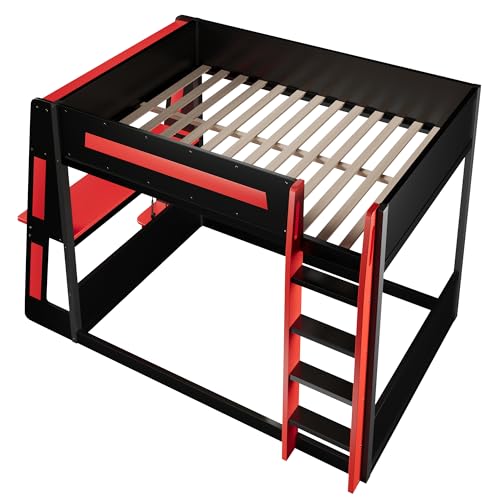 FUvellamo Full Over Full Gaming Bunk Bed with Desk and LED Light,Full Size Wooden Loft Bed Frame with Two Storage Shelves and USB,Esports Design for PC & Console Gamers, Black Red FUvellamo