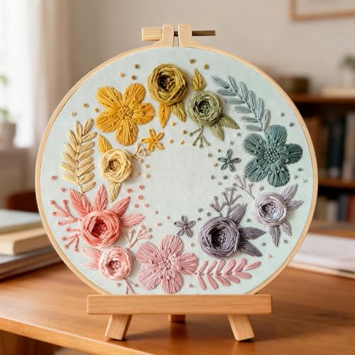 Herdiese Embroidery Kit for Beginners with Floral Garden Pattern – Easy Embroidery Kit Includes Stamped Fabric, 22 Stitches Guide, Cotton Thread, Hoop, Needles & Scissors – Craft Set
