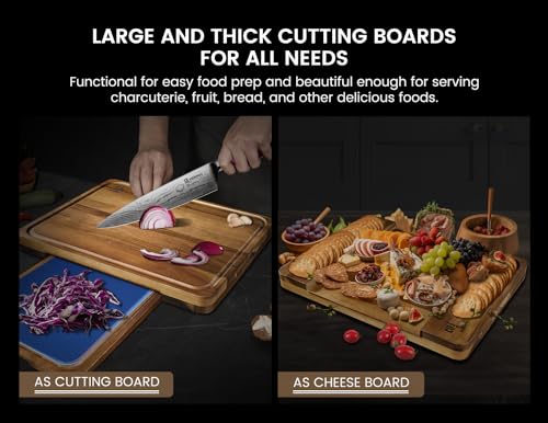 Piklohas Large Wood Cutting Boards, 7 Pieces Over Sink Chopping Board with Holder, Plastic Cutting Board Mats, Juice Groove, Handle Hole, Reversible