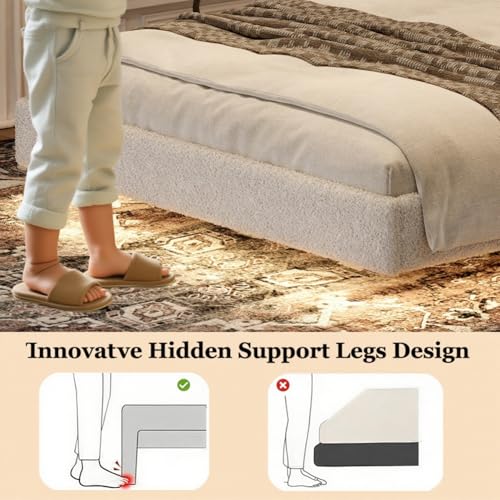 Ailisite Twin Size Floating Bed Frame with Upholstered Headboard and Charging Station, Boucle Platform Bed Frame Queen Size with RGB Led Lights, Strong Wood Slat Support, No Box Spring Needed,Beige Ailisite