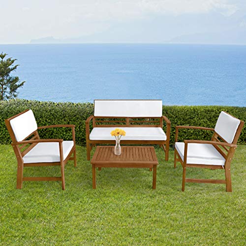 FDW Patio Conversation Set Patio Furniture Patio Sofa Set Outdoor Chat Set 4-Piece Acacia Wood Outdoor Seating Set with Water Resistant Cushions and Coffee Table for Pool Beach Backyard Balco - WoodArtSupply