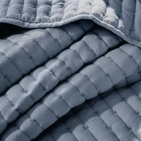 WDCOZY Blue Cross Stitch Queen Size Quilt Set, Striped Lightweight Soft Bedspread, Channel Farmhouse Rustic Coverlet, All Season Country Bedding, Thin Comforter WDCOZY