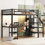 Full Size Loft Bed with Desk and Stairs Metal Full Loft Bed with Storage Wardrobe and Charging Station Adult Loft Bed with LED Lights and Adjustable Shelf for Kids Teens, Black Mirightone