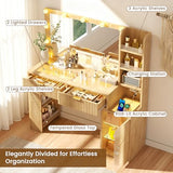 47'' Fluted Makeup Vanity Desk with Large 36" Mirror & Hollywood Bulbs, Smart RGB Lights, Glass Top Vanity with 5 Shelves, 2 RGB Drawers, Acrylic Cabinets, Wood Vanity with Charging Station,Oak DIYSET