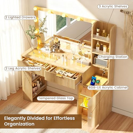 47'' Fluted Makeup Vanity Desk with Large 36" Mirror & Hollywood Bulbs, Smart RGB Lights, Glass Top Vanity with 5 Shelves, 2 RGB Drawers, Acrylic Cabinets, Wood Vanity with Charging Station,Oak DIYSET