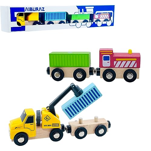 Wooden Trains Cars with Crane Magnetic Train Toys for Wooden Train Tracks Train Sets for Toddlers and Kids Ages 3+ (Crane Train) SAIBURAZ