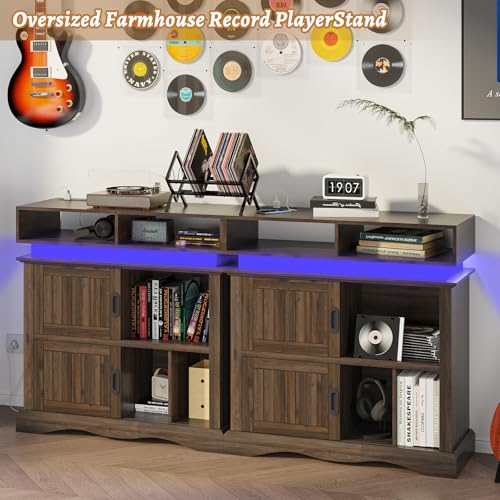 St.Mandyu Record Player Stand with Sliding Doors, 15.7" D x 39.4" W x 40" H Record Storage Cabinet with Charging Station Holds Up to 450 Albums, Vinyl Display Shelf for Living Room, Walnut St.Mandyu