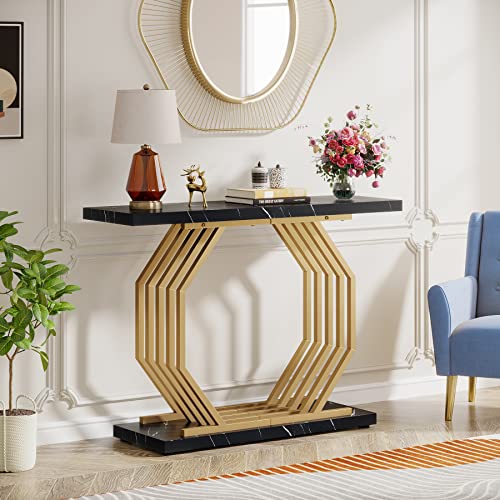Tribesigns Gold Console Table, Faux Marble Entryway Table Narrow Sofa Table with Geometric Metal Base, 40 Inch Modern Accent Table Entrance Table for Living Room, Hallway, Foyer, Black Tribesigns
