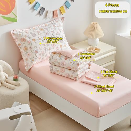 DuShow Floral 4 Piece Girls Toddler Bed Comforter Set Pink Flower Reversible Toddler Bedding Set Soft Baby Crib Bed Sheets Set in a Bag | Include Quilt Comforter,Flat Sheet,Fitted Sheet,Pillowcase DuShow
