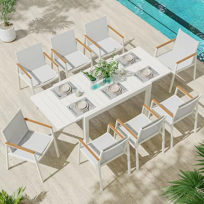 Oasbira Expandable Outdoor Patio Dining Table Set for 6-8 Person, Aluminum Outdoor Table and 8 Chairs with Textilene Fabric & HDPS Armrest, All-Weather Patio Furniture Set for Yard, Garden, White