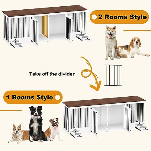 DAWNSPACES Furniture Style Large Dog Crate for 2 Dogs, 86.6" Heavy Duty Wooden Dog Kennel with Dog Bowl Drawers & Divider, Indoor Furniture Style Dog Kennel for Large Medium Dogs, White DAWNSPACES