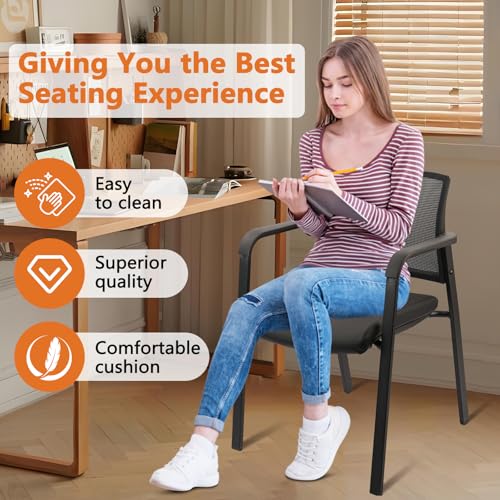 CLATINA Stackable Office Chair, Mesh Back Guest Chairs with Comfortable Leather Seat Arms Stacking Ergonomic Desk Chair No Wheels for Conference Waiting Reception School Stationary, Black, Set of 4 CLATINA