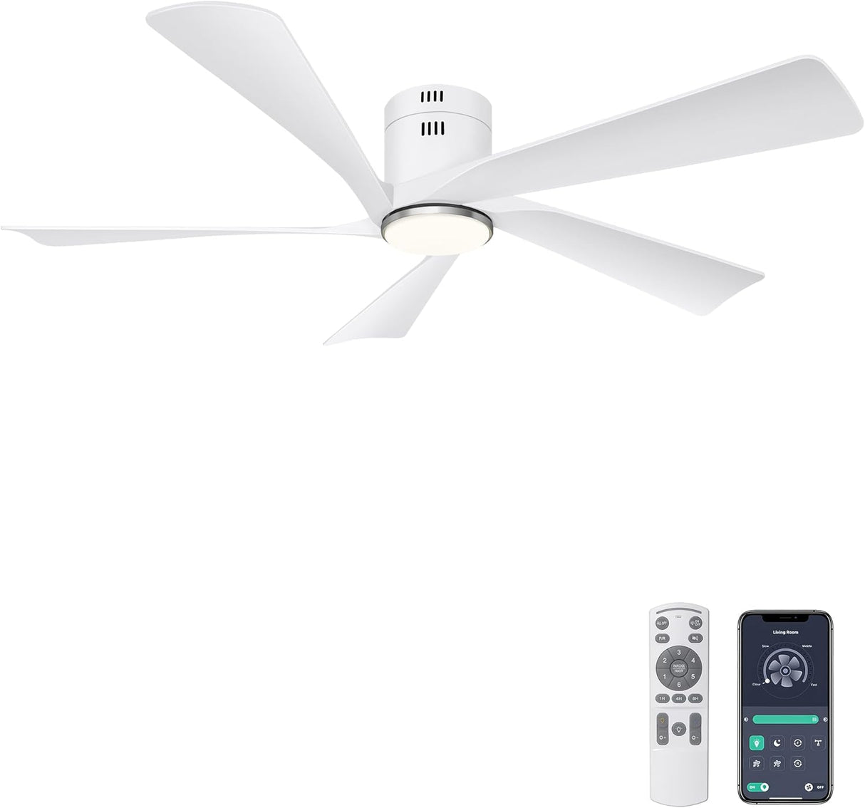 Ohniyou 52” Flush Mount Ceiling Fan with Lights, Remote & APP Control Low Profile Indoor Outdoor Ceiling Fans, Dimmable, Quiet DC Motor, Reversible, White Ohniyou