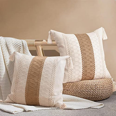 DUKYMIK Woven Farmhouse Accent Decorative Throw Pillow Covers for Couch Sofa - 18 x 18 Inch Decorative Boho Neutral Pillow Cushion with Tassels for Living Room, Natural Beige, Single Stripe