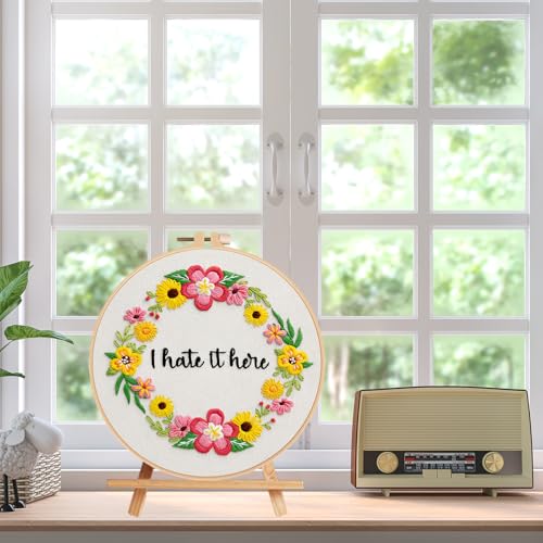 Nuberlic Floral Embroidery Kit for Beginners Cross Stitch Kits- Complete Starter Set with Hoop, Pre-Printed Fabric, Threads & Needles