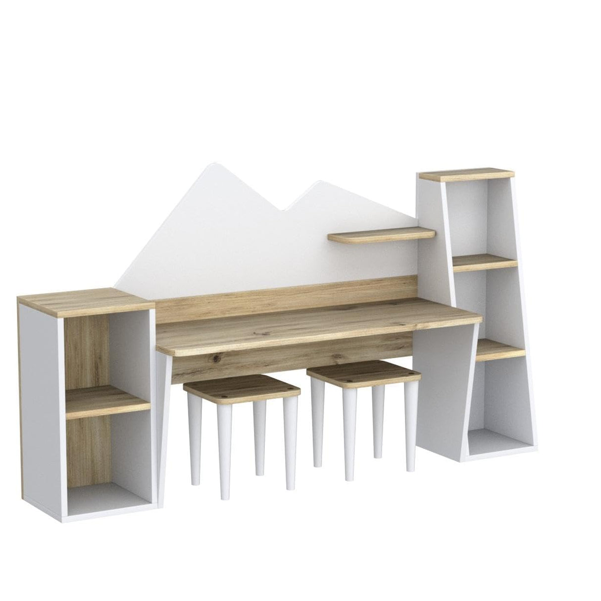 LAWA FURNITURE Kid's Study Desk with Bookshelf + 2 Stools for Ages 3-8, Wooden Children Activity Table with Hutch and Shelves, Kids Bedroom Study Desk with Storage LAWA FURNITURE