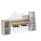 LAWA FURNITURE Kid's Study Desk with Bookshelf + 2 Stools for Ages 3-8, Wooden Children Activity Table with Hutch and Shelves, Kids Bedroom Study Desk with Storage LAWA FURNITURE