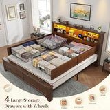 EnHomee King Size Bed Frame with 4 Storage Drawers, King Bed Frame and Headboard with LED Lights & Charging Ports,No Box Spring Needed,NO Noise,Wooden,Brown EnHomee
