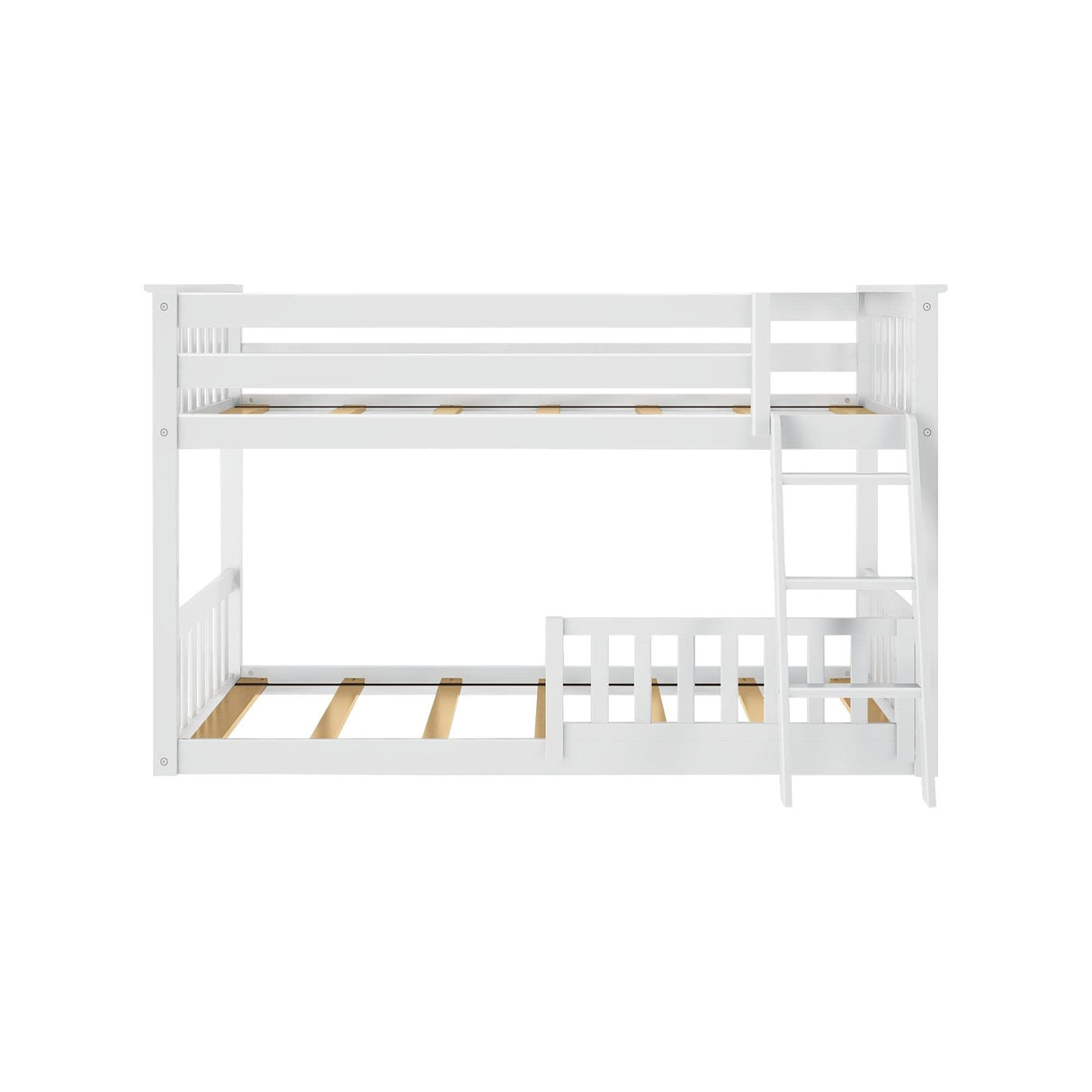 Max & Lily Low Bunk Bed, Twin-Over-Twin Bed Frame For Kids With 1 Guard Rail, White Max & Lily