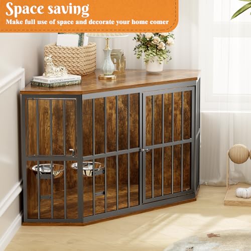 APRILSOUL 42 inch Furniture Dog Crate Corner, Dog Kennel Corner Wooden End Table with Bowl, Indoor Pet Crates Corner Side Table for Dogs, Wide Top Perfect for Limited Room APRILSOUL