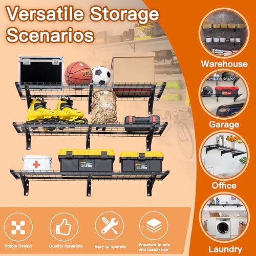 WAREYEASY 3 Tier 1.3x4ft Garage Shelving Wall Mounted,Loads 900 lbs Heavy Duty Garage Wall Shelving,15.6-inch-by-48-inch Metal Wall Shelf,Sturdy Shelf for Wall Storage,Black WAREYEASY