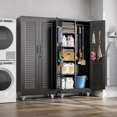 Aobabo Lockable Metal Storage Cabinet with 4 Adjuatable Shelves,Garage Storage Cabinet with Wheels and 5 Remove Pegboard,Required Assembly,Black,70.87''H*31.5''W*15.75''D Aobabo
