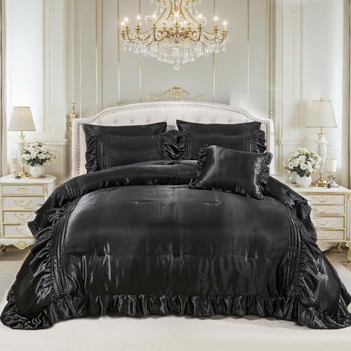 Black Satin Comforter Set 8 Pieces King Size Comforter with Sheets Silk Like Satin Bed Set Luxury Bedding Bed in a Bag 1 Comforter 4 Pillowcasas 1 Flat Sheet 1 Fitted Sheet 1 Cushion Cover Bedbay