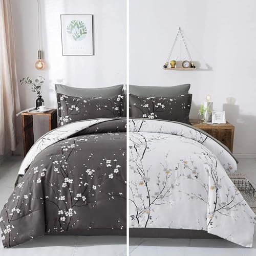 WONGS BEDDING 7 Pieces Bed in a Bag King, Floral Reversible Comforter Set Flower Plum Bedding Set King Size（1 Comforter,2 Pillowcase,2 Pillow Shams,1 Flat Sheet,1 Fitted Sheet） WONGS BEDDING