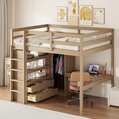 Harper & Bright Designs Full Size Loft Bed with Desk & Wardrobe, Wood Full Loft Bunk Bed with Storage Shelves and Drawers, No Box Spring Needed,Walnut Harper & Bright Designs