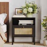 Natural Rattan Nightstands Set of 2, Accent End Table, Boho Bedside Table with 1 Hand Made Decorated Door for Living Room, Bedroom, Black Angel Sar