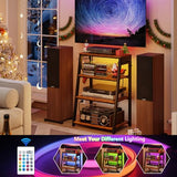 4-Tier AV Media Stand with Power Strips, Heavy Duty Stereo Cabinet Stand with LED Lights, Wooden Record Player Stand with 2 Hooks, Audio Stand Furniture Perfect for DVD Player/Game Console/TV Box/Xbox X-cosrack