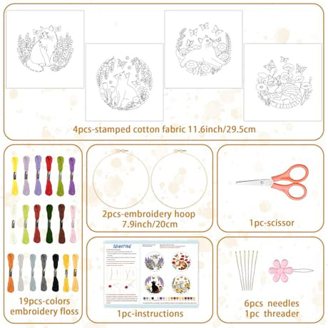 BEUNITONE 4 Set Embroidery Kit for Beginners, Cat and Butterfly Pre-Stamped Pattern Needlepoint Kits for Adults with Hoop and Instruction, Cute Hand Embroidery Patterns for Cloth and Home Decor BEUNITONE