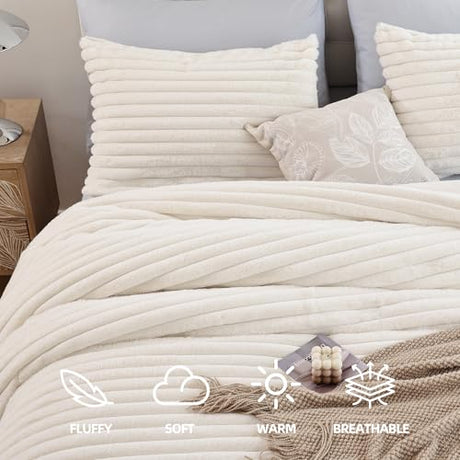 Smoofy Fluffy Full Size Comforter Sets 3 Pieces - Cream White Fleece Fluffy Comforter Set, Luxury Fuzzy Full Bed Set, Soft Comforter Full Size All Season, Heavy Faux Fur Comforter with 2 Pillow Cases Smoofy