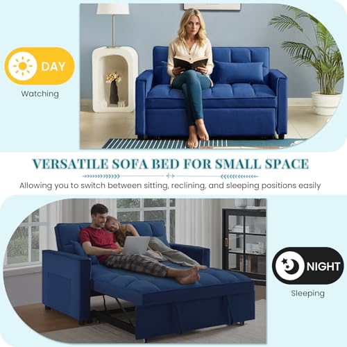Antetek 3 in 1 Convertible Sleeper Sofa Bed, Modern Velvet Loveseat Futon Couch w/Pullout Bed, Small Love Seat Lounge Sofa w/Reclining Backrest, Toss Pillows, Pockets, Furniture for Living Room, Blue Antetek
