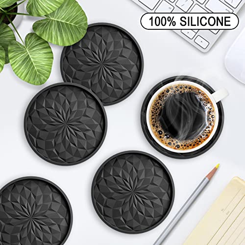 ME.FAN Silicone Coasters [6 Pack] Coasters with Holder - Drinking Coasters - Cup Mat for Drinks - Live for Hot or Cold Drink Thickened, Non-Slip, Non-stick, Deep Tray Black ME.FAN
