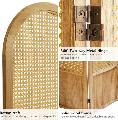 Asnefeli Room Divider 4 Panel Folding Privacy Screen for Bedroom Home Office Separation, Freestanding Wood Partition Wall, 5.6 Ft Natural Rattan Decor Asnefeli
