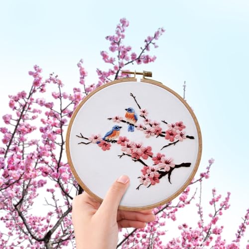 Biweutydys Needlepoint Kits for Adults Birds on Cherry Blossom Branches Pattern Cross Stitch Kits Cherry Blossom Flowers Hand Embroideried Kit with Embroidery Hoop and Instruction Mother's Day Gift