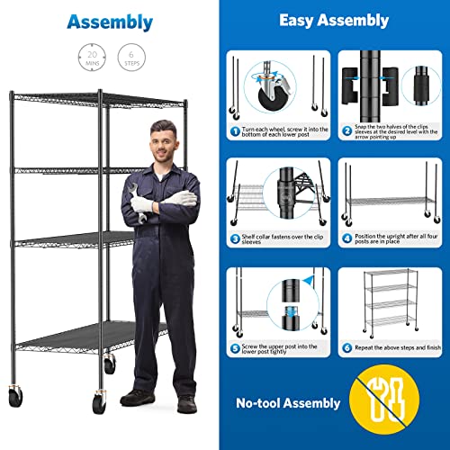 Raynesys Wire Shelving with 4" Wheels, 2000Lbs Heavy Duty 4-Tier Shelving Metal Shelves, 60x24x72in Steel Wire Storage Shelf Commercial Grade Adjustable Utility Rack for Garage, Kitchen Raynesys