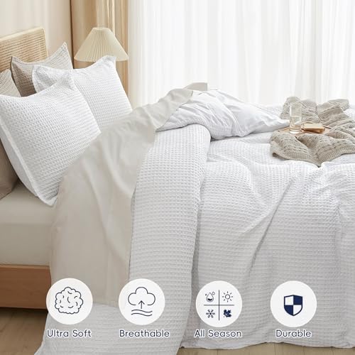 PHF Waffle Weave Duvet Cover Set King Size, No Snagging Ultra Soft Luxury Textured Breathable Comforter Cover for All Season 3pcs, Durable Bedding Duvet Set with 2 Pillow Shams, 104"x90", White PHF