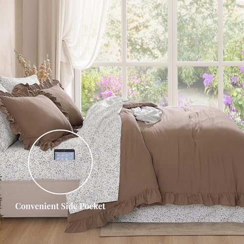 BLOOMHAVEN King Comforter Set - 7 Pieces Ruffle Amber Brown Bedding Sets, Shabby Chic Farmhouse Bed in a Bag with Ruffle Comforter, Floral Sheets, Pillowcases & Shams BLOOMHAVEN