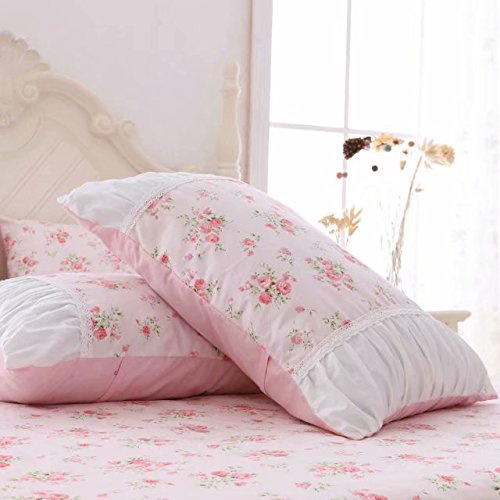 LELVA Romantic Roses Print Duvet Cover Set with Bed Skirt Pink Lace Ruffle Floral Shabby Chic Bedding Sets Full 4 Piece LELVA