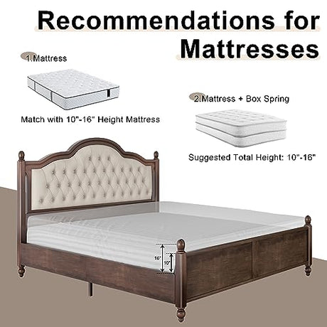 AMERLIFE King Size Solid Wood Bed Frame, Transitional Platform Bed with 52.5" Upholstered Tufted Headboard, Rubberwood/Roman Column Accents/Wood Slat Support/No Box Spring Needed AMERLIFE
