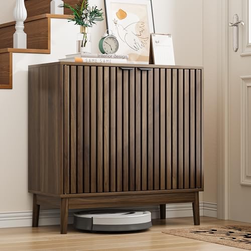 Morwdxef Shoe Cabinet with Slatted Doors, 4-Tier Freestanding Shoe Cabinet Storage for Entryway, Narrow Entryway Shoe Organizer Cabinets with Shelves (Walnut, 31.5" Wide) Morwdxef